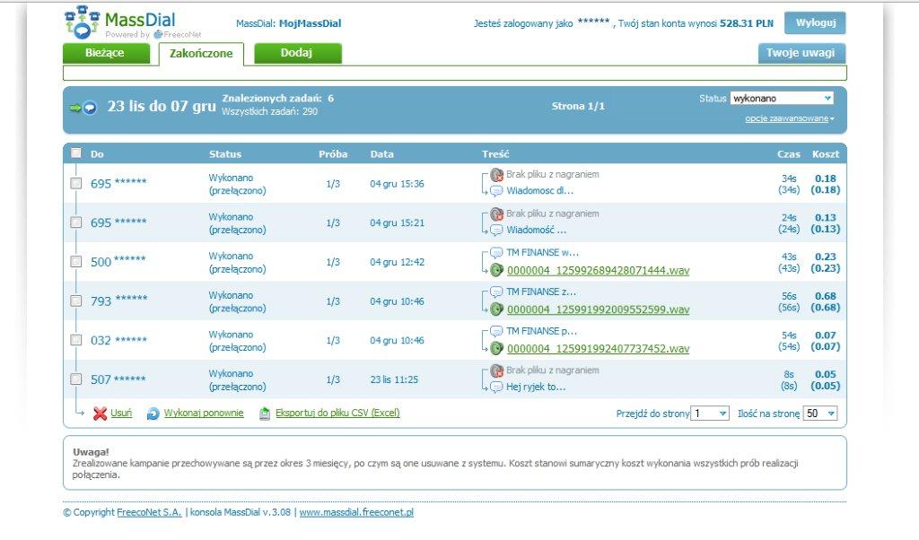 FreecoNet MassDial - panel użytkownika: raporty z kampanii FreecoNet MassDial - panel użytkownika: raporty z kampanii